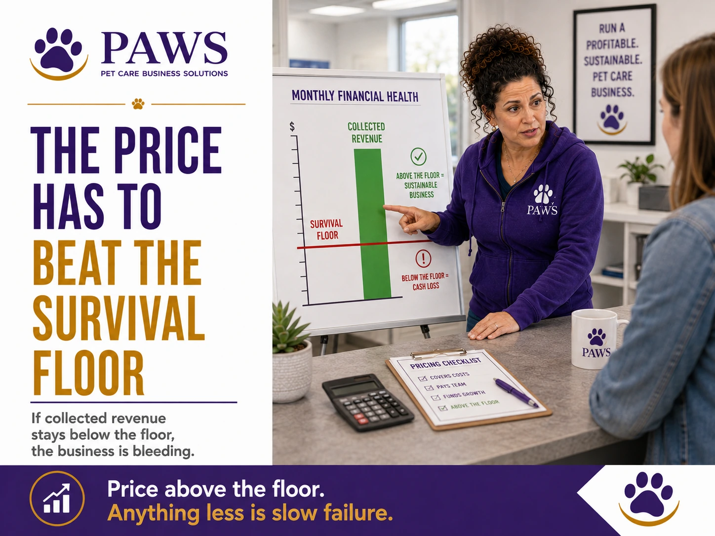 PAWS business poster showing the PAWS Lady pointing to a chart where collected revenue must stay above a red survival-floor line to keep the business sustainable.