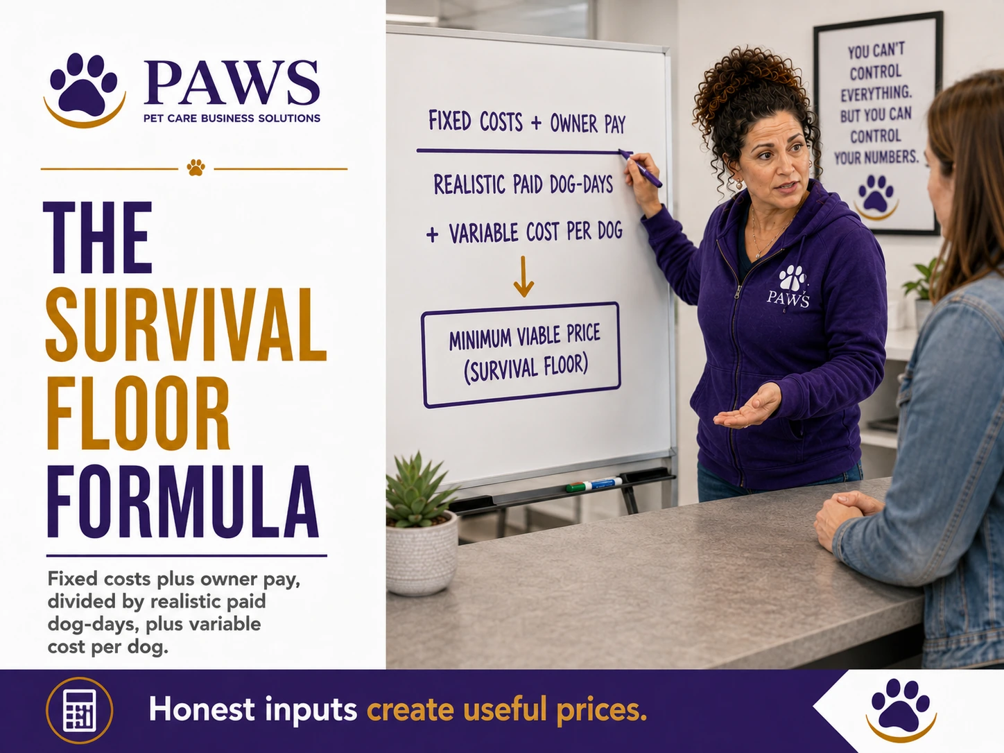 PAWS business poster showing the PAWS Lady presenting a simple pricing formula for calculating a minimum viable survival-floor price.