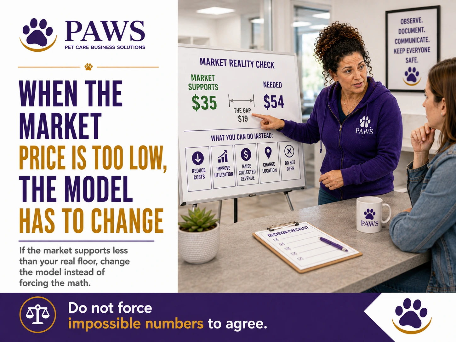 PAWS business poster showing the PAWS Lady explaining a market reality check where the market supports less than the price needed to make the business model work.