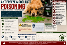Dog near a leaking antifreeze and coolant container with a pet-poison warning.
