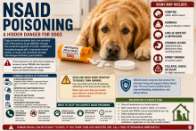 Dog near human and veterinary NSAID pain-reliever bottles with a pet-poison warning.