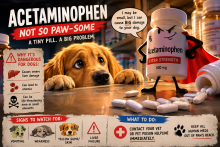 Acetaminophen tablets and medication packaging beside a pet-poison warning for dogs and cats.