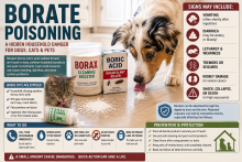 Borax, boric acid, ant bait, and household powder beside a pet-poison warning for dogs and cats.