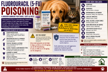 Dog near fluorouracil cream tubes labeled Efudex, Tolak, Fluoroplex, and Carac with a pet-poison warning.