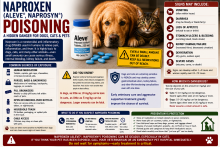 Dog near Aleve, Naprosyn, and generic naproxen tablets with a pet-poison warning.