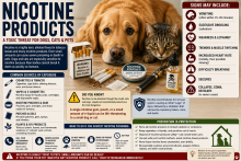 Dog near cigarettes, vape pods, e-liquid, nicotine gum, and nicotine pouches with a poisoning warning.