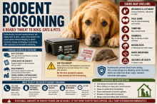 Dog near rodenticide bait blocks and a damaged rat-poison station with a poisoning warning.