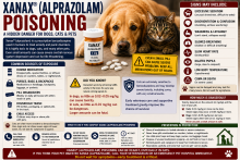 Dog near Xanax and alprazolam tablets with a pet-poison warning.