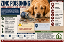 Zinc-containing coins, galvanized hardware, supplements, and zinc oxide cream representing poisoning and foreign-body hazards to pets.
